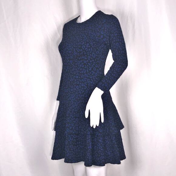 Michael xMichael Kors Blue Black Leopard Round Neck Tier Fit Flare Dress SzP NWT - Picture 1 of 16